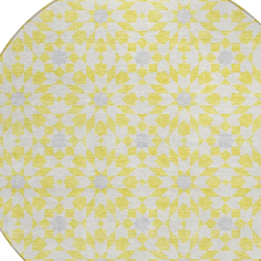 8' Yellow Ivory And Gray Round Floral Medallion Washable Indoor Outdoor Area Rug Photo 6