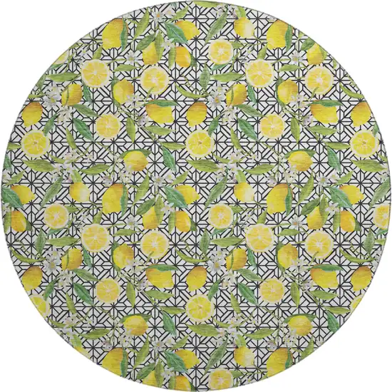 8' Yellow Ivory And Green Botanical Leaves Washable Round Rug With UV Protection Photo 2