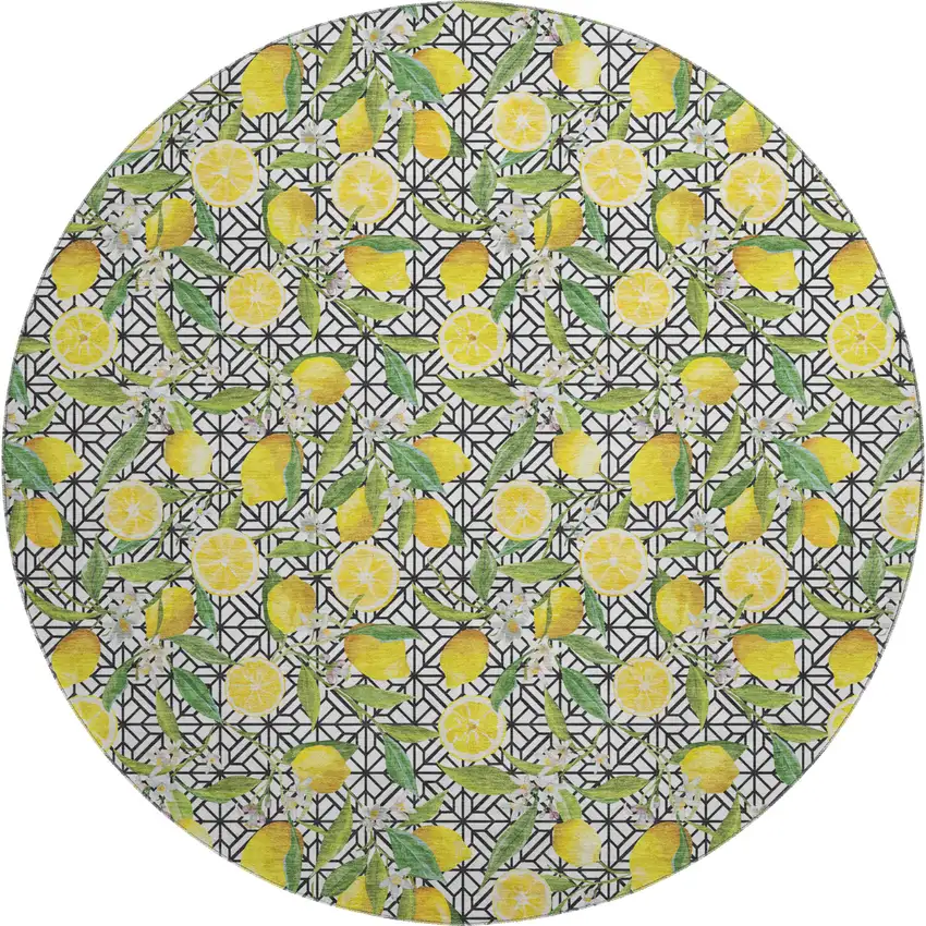 8' Yellow Ivory And Green Botanical Leaves Washable Round Rug With UV Protection Photo 2