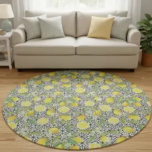 Photo of 8' Yellow Ivory And Green Botanical Leaves Washable Round Rug With UV Protection