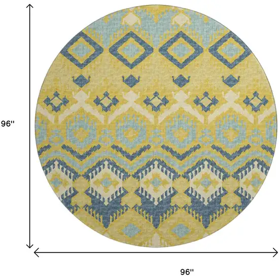 8' Yellow Ivory And Navy Blue Tribal Washable Round Rug With UV Protection Photo 3