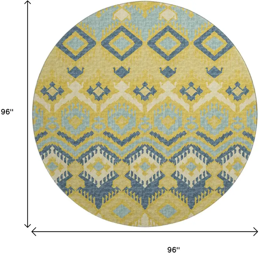 8' Yellow Ivory And Navy Blue Tribal Washable Round Rug With UV Protection Photo 3