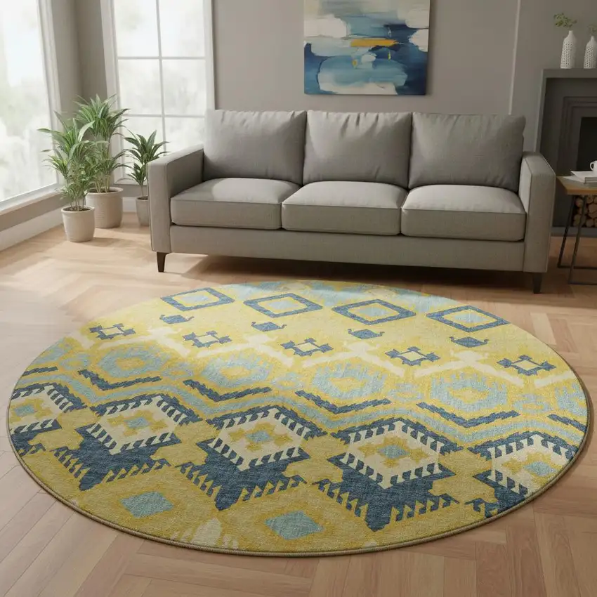8' Yellow Ivory And Navy Blue Tribal Washable Round Rug With UV Protection Photo 1