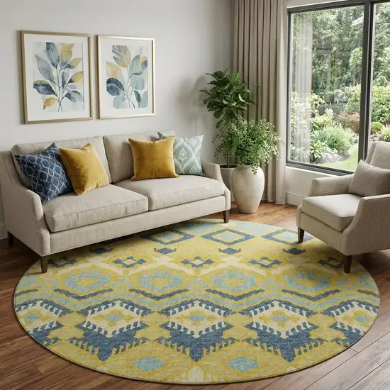 8' Yellow Ivory And Navy Blue Tribal Washable Round Rug With UV Protection Photo 1