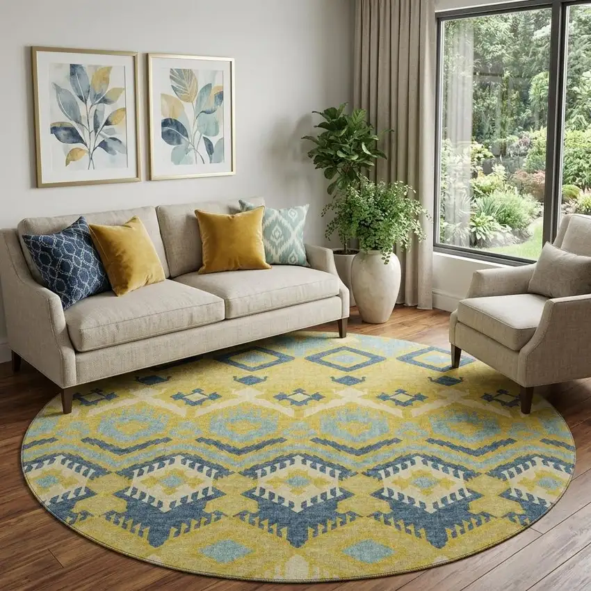 8' Yellow Ivory And Navy Blue Tribal Washable Round Rug With UV Protection Photo 1