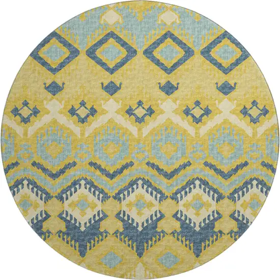 8' Yellow Ivory And Navy Blue Tribal Washable Round Rug With UV Protection Photo 2