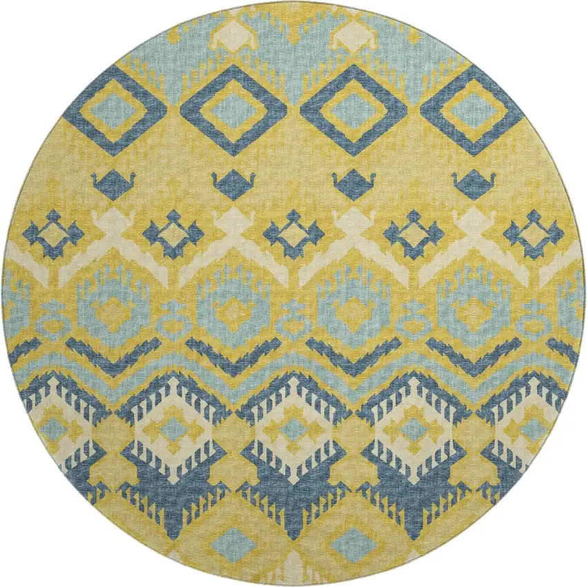 8' Yellow Ivory And Navy Blue Tribal Washable Round Rug With UV Protection Photo 2