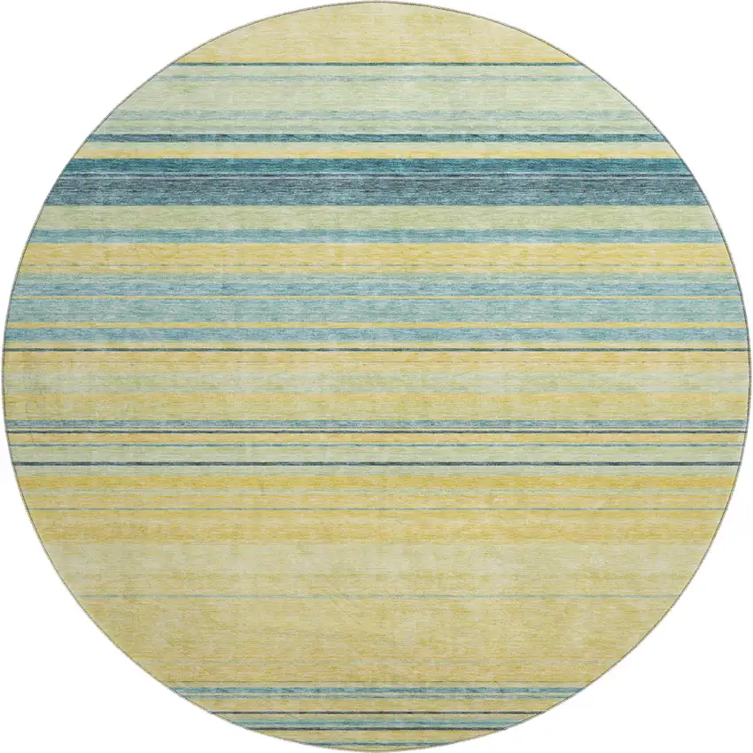 8' Yellow Ivory And Wheat Striped Washable Round Rug With UV Protection Photo 1