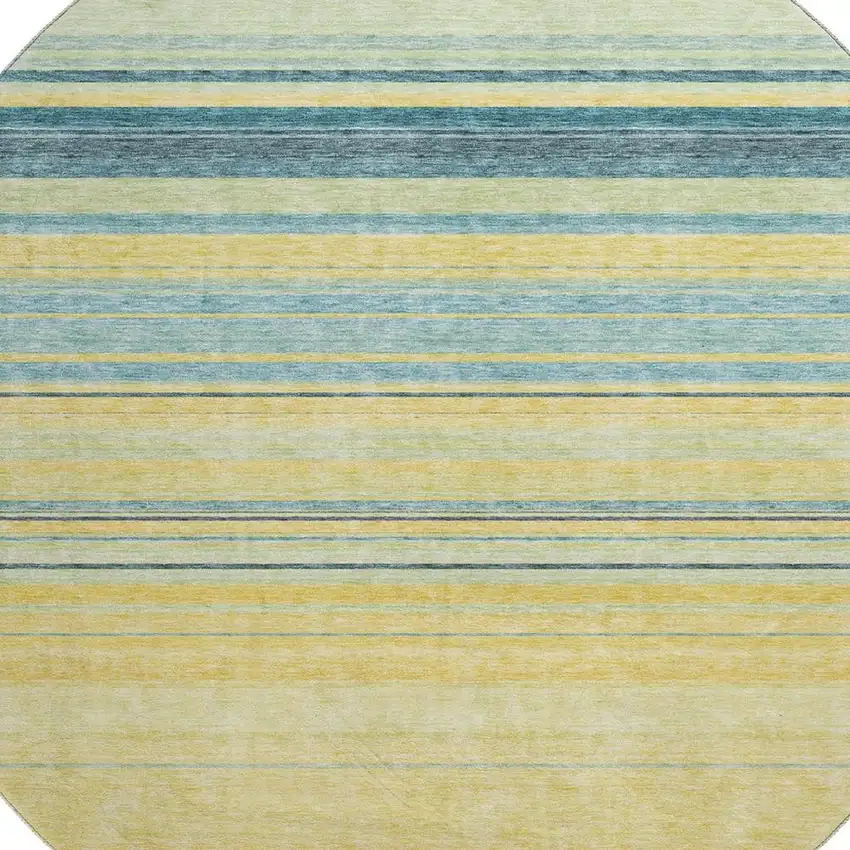 8' Yellow Ivory And Wheat Striped Washable Round Rug With UV Protection Photo 2