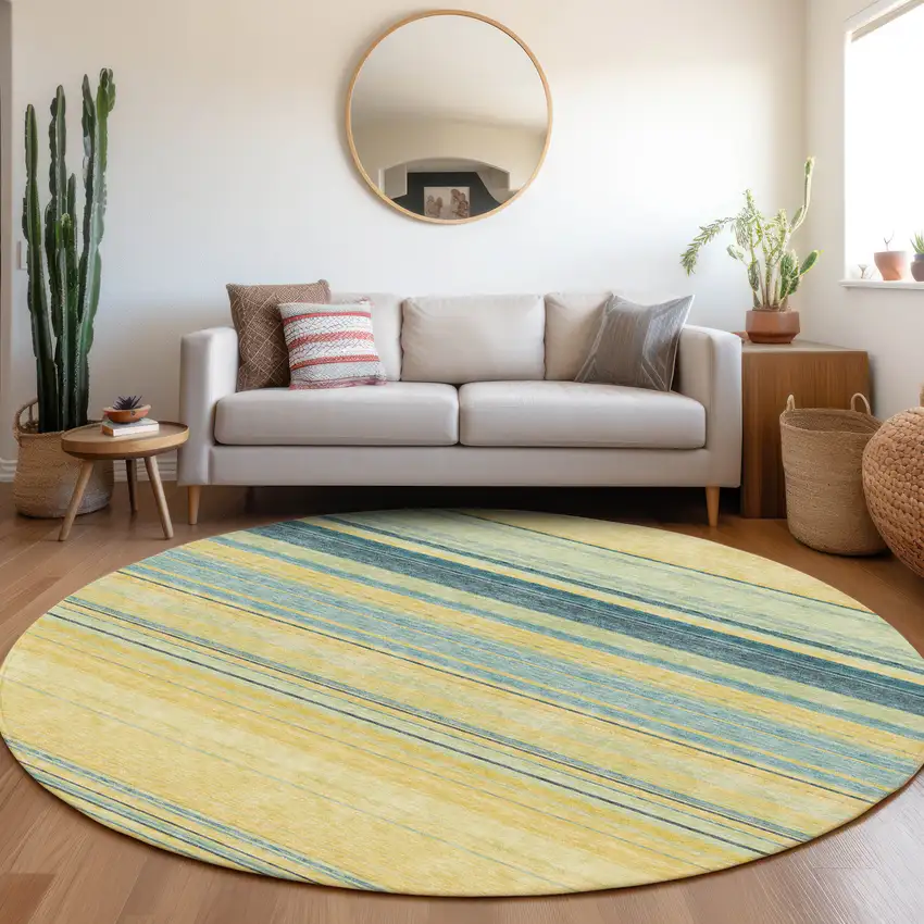 8' Yellow Ivory And Wheat Striped Washable Round Rug With UV Protection Photo 4