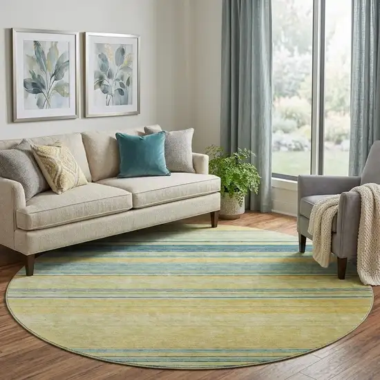 8' Yellow Ivory And Wheat Striped Washable Round Rug With UV Protection Photo 1
