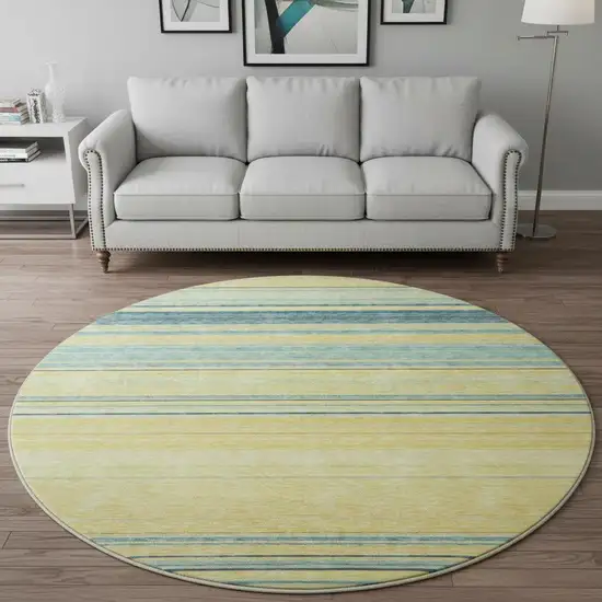 8' Yellow Ivory And Wheat Striped Washable Round Rug With UV Protection Photo 2