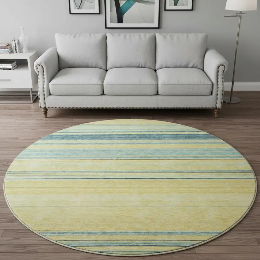 8' Yellow Ivory And Wheat Striped Washable Round Rug With UV Protection Photo 2