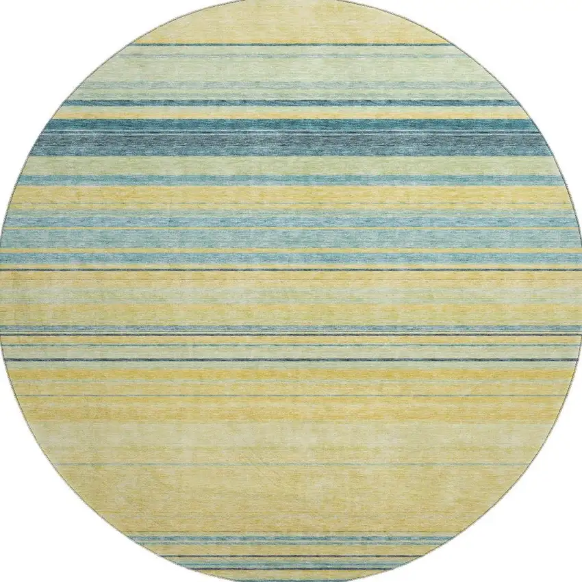 8' Yellow Ivory And Wheat Striped Washable Round Rug With UV Protection Photo 3