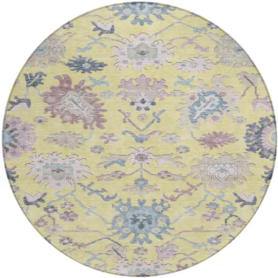 8' Yellow Lavender And Denim Blue Round Floral Washable Indoor Outdoor Area Rug Photo 2