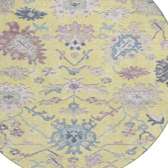 8' Yellow Lavender And Denim Blue Round Floral Washable Indoor Outdoor Area Rug Photo 6