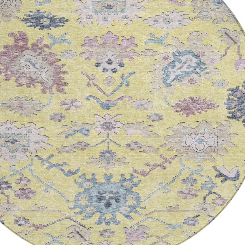 8' Yellow Lavender And Denim Blue Round Floral Washable Indoor Outdoor Area Rug Photo 6