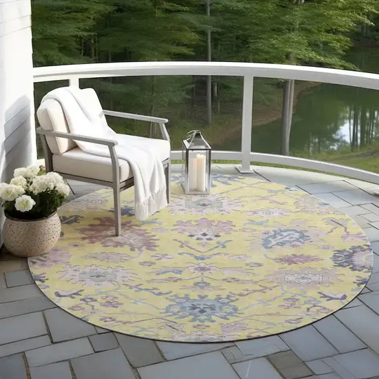 8' Yellow Lavender And Denim Blue Round Floral Washable Indoor Outdoor Area Rug Photo 8