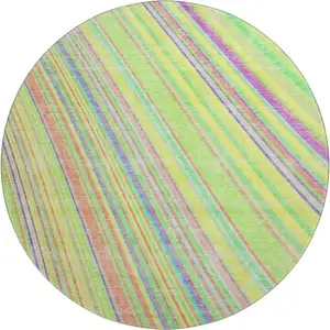Photo of 8' Yellow Lime Green And Purple Striped Washable Round Rug With UV Protection