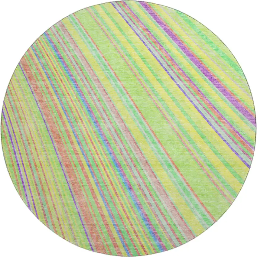8' Yellow Lime Green And Purple Striped Washable Round Rug With UV Protection Photo 1