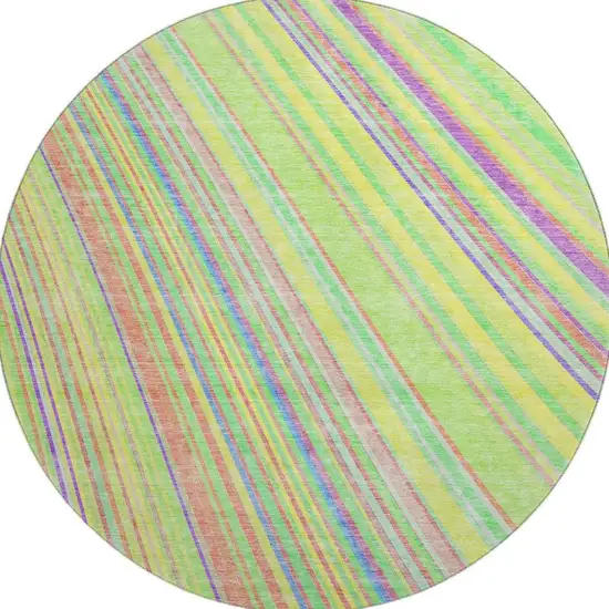 8' Yellow Lime Green And Purple Striped Washable Round Rug With UV Protection Photo 2