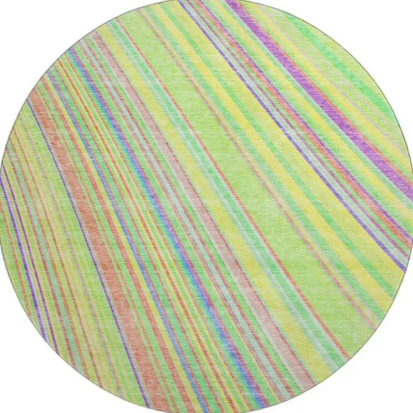 8' Yellow Lime Green And Purple Striped Washable Round Rug With UV Protection Photo 2