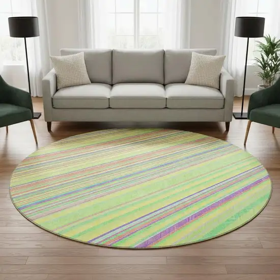 8' Yellow Lime Green And Purple Striped Washable Round Rug With UV Protection Photo 2