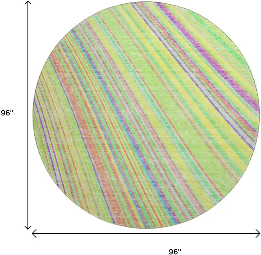 8' Yellow Lime Green And Purple Striped Washable Round Rug With UV Protection Photo 8