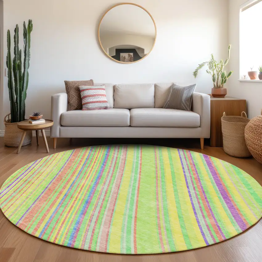 8' Yellow Lime Green And Purple Striped Washable Round Rug With UV Protection Photo 3