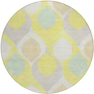 Photo of 8' Yellow Mint Green And Beige Round Ogee Washable Indoor Outdoor Area Rug