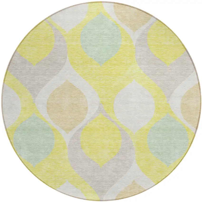 8' Yellow Mint Green And Beige Round Ogee Washable Indoor Outdoor Area Rug Photo 1