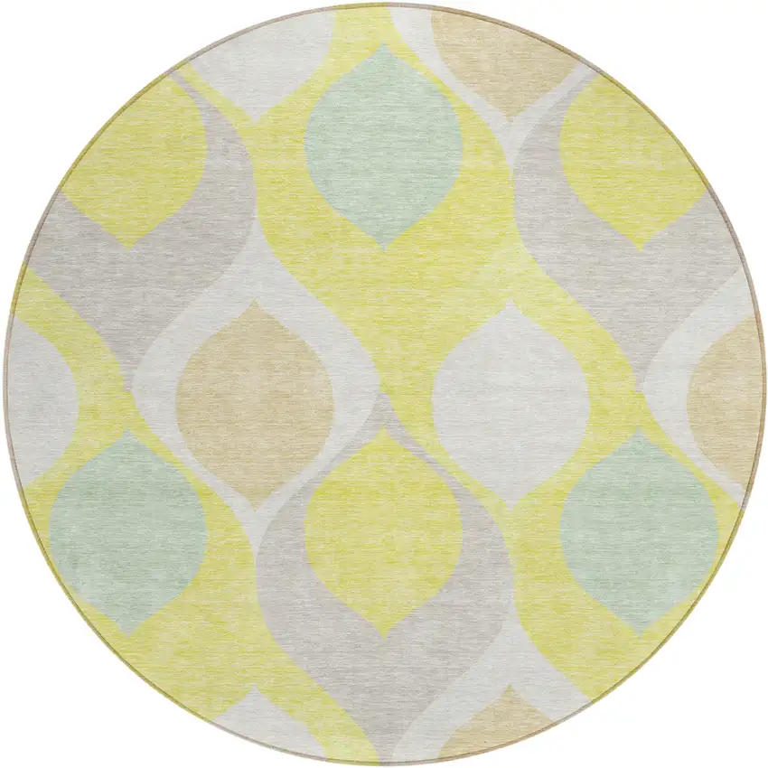 8' Yellow Mint Green And Beige Round Ogee Washable Indoor Outdoor Area Rug Photo 1