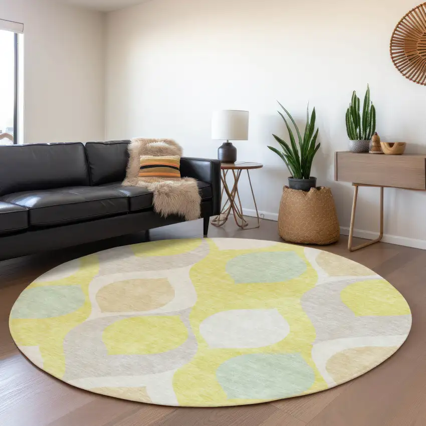 8' Yellow Mint Green And Beige Round Ogee Washable Indoor Outdoor Area Rug Photo 7