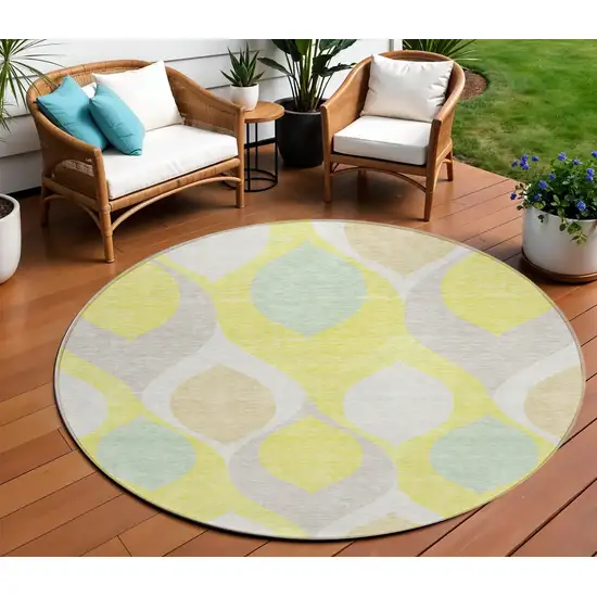 8' Yellow Mint Green And Beige Round Ogee Washable Indoor Outdoor Area Rug Photo 1
