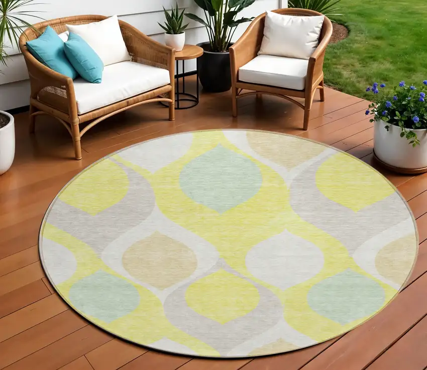 8' Yellow Mint Green And Beige Round Ogee Washable Indoor Outdoor Area Rug Photo 1