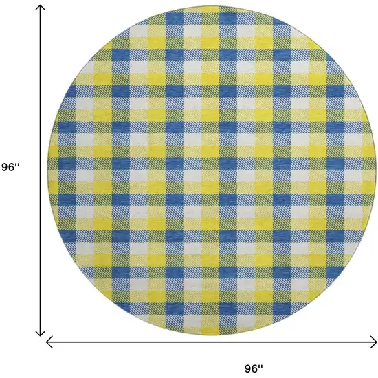 8' Yellow Navy Blue And Ivory Plaid Washable Round Rug With UV Protection Photo 9