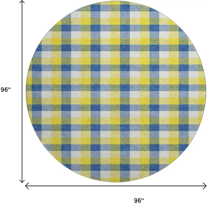 8' Yellow Navy Blue And Ivory Plaid Washable Round Rug With UV Protection Photo 9