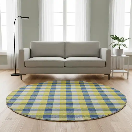 8' Yellow Navy Blue And Ivory Plaid Washable Round Rug With UV Protection Photo 2