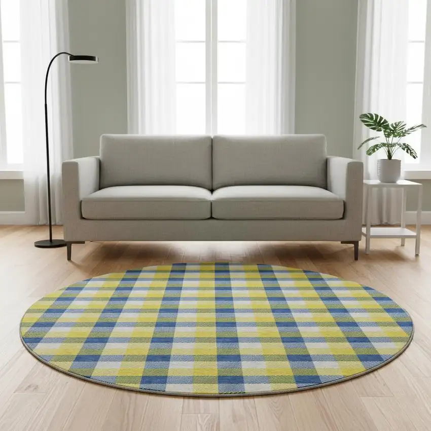 8' Yellow Navy Blue And Ivory Plaid Washable Round Rug With UV Protection Photo 2