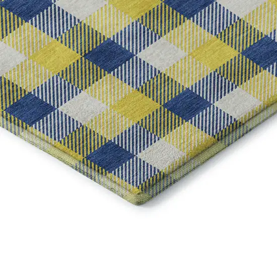 8' Yellow Navy Blue And Ivory Plaid Washable Round Rug With UV Protection Photo 6
