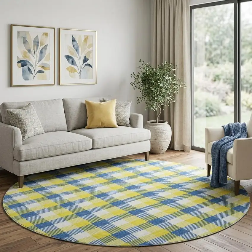 8' Yellow Navy Blue And Ivory Plaid Washable Round Rug With UV Protection Photo 1