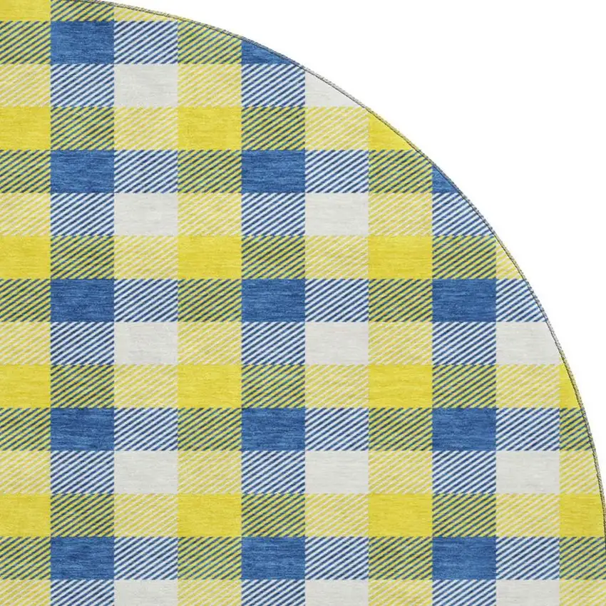 8' Yellow Navy Blue And Ivory Plaid Washable Round Rug With UV Protection Photo 3