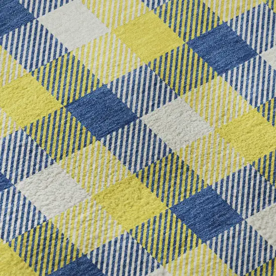 8' Yellow Navy Blue And Ivory Plaid Washable Round Rug With UV Protection Photo 8