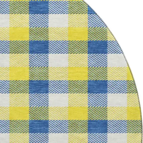 8' Yellow Navy Blue And Ivory Plaid Washable Round Rug With UV Protection Photo 2