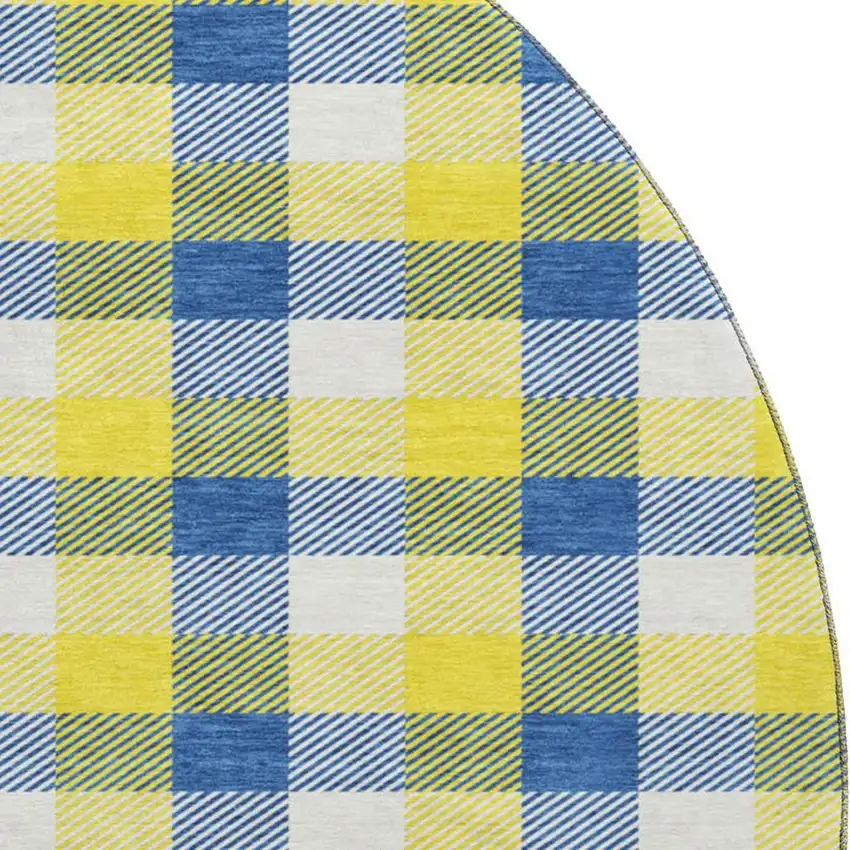 8' Yellow Navy Blue And Ivory Plaid Washable Round Rug With UV Protection Photo 2