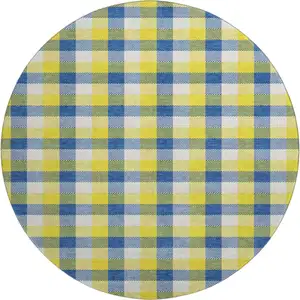 Photo of 8' Yellow Navy Blue And Ivory Plaid Washable Round Rug With UV Protection