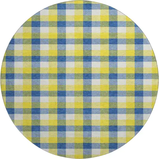 8' Yellow Navy Blue And Ivory Plaid Washable Round Rug With UV Protection Photo 1
