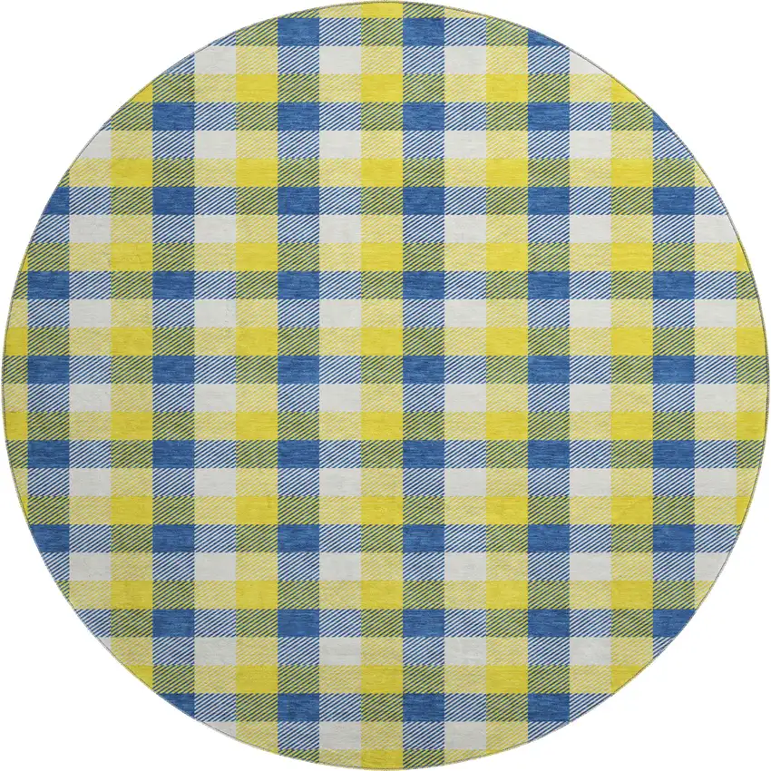 8' Yellow Navy Blue And Ivory Plaid Washable Round Rug With UV Protection Photo 1