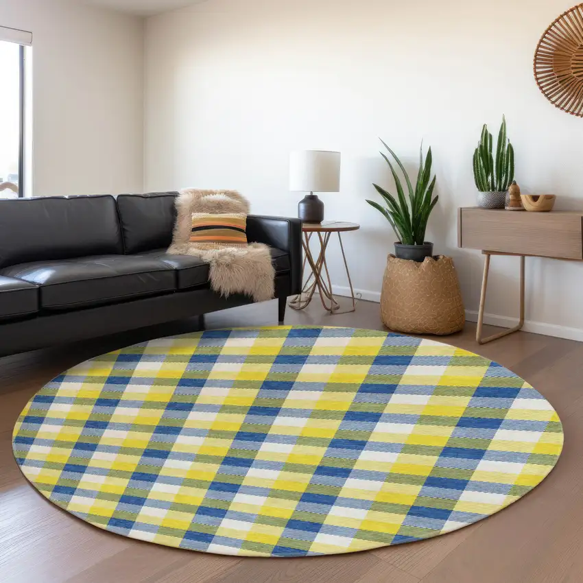 8' Yellow Navy Blue And Ivory Plaid Washable Round Rug With UV Protection Photo 4