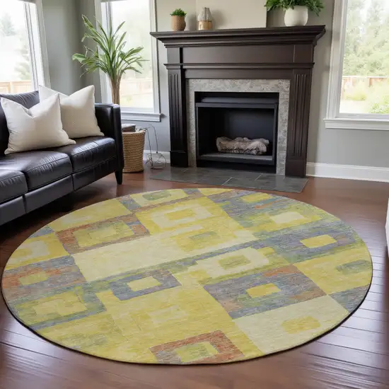 8' Yellow Orange Purple And Ivory Geometric Washable Round Rug With UV Protection Photo 4